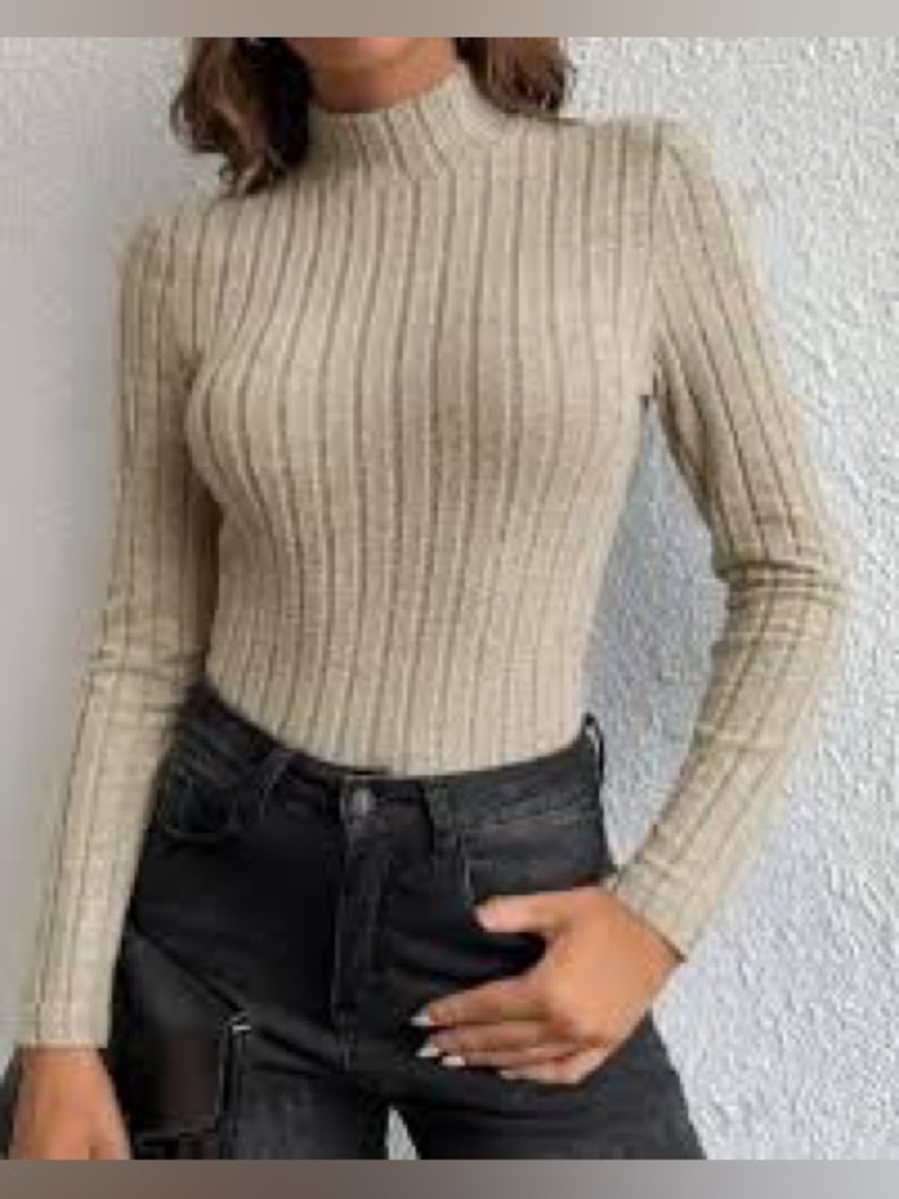 SO Goods For Life Ribbed Mock Neck Solid Beige Long Sleeve Pullover Sweater